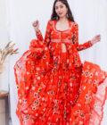 Orange chanderi kedia top with gathered lehenga