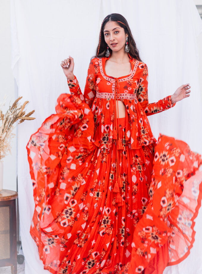 Orange chanderi kedia top with gathered lehenga