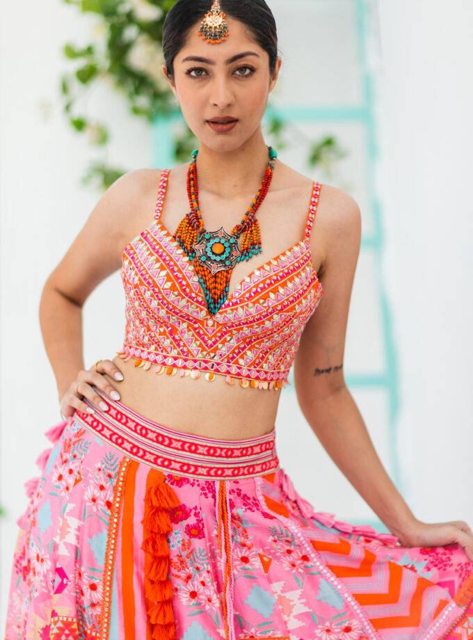 Pink Patchwork Lehenga with Net Frill