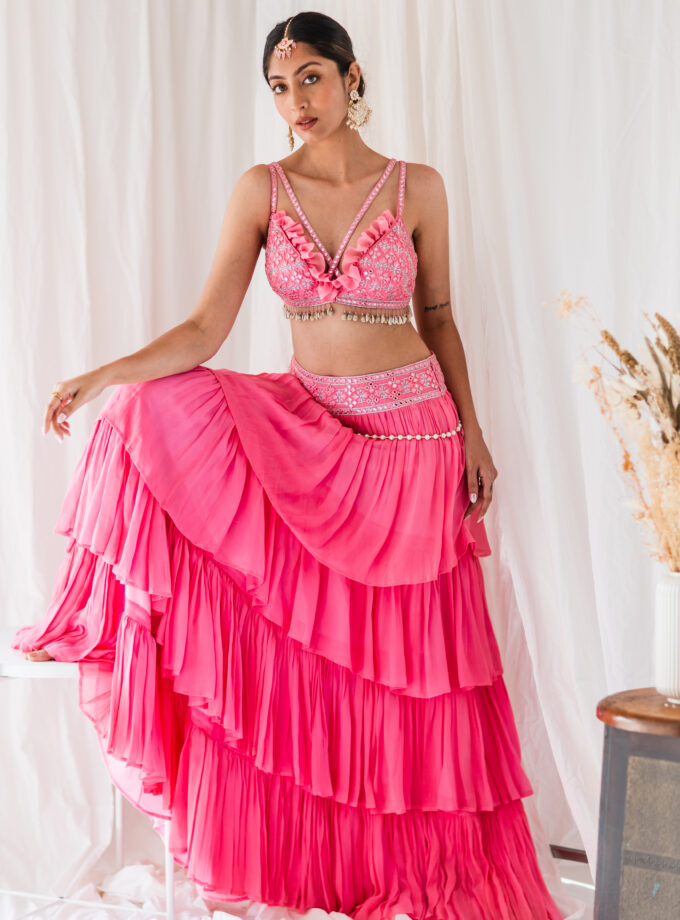 Pink layered Lehenga with Embroidered belt