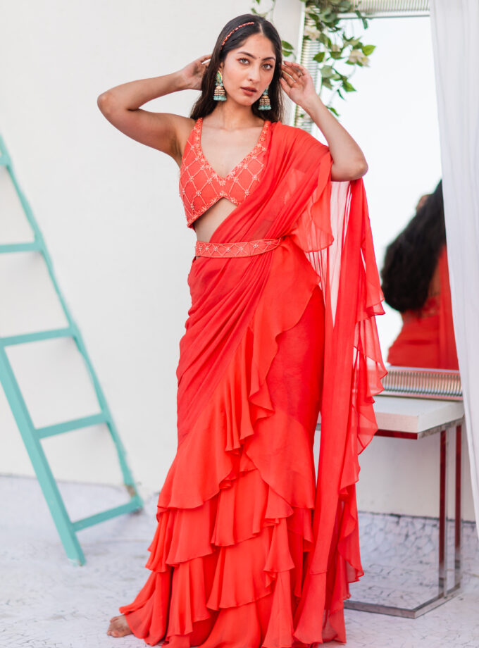 Coral Ruffled Saree