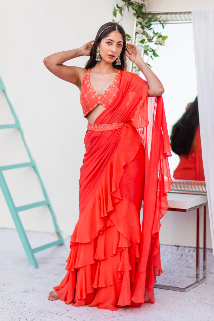 Coral Ruffled Saree