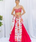 Fuchsia pink lehengas set with white kilim printed panels