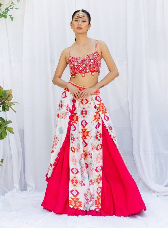 Fuchsia pink lehengas set with white kilim printed panels