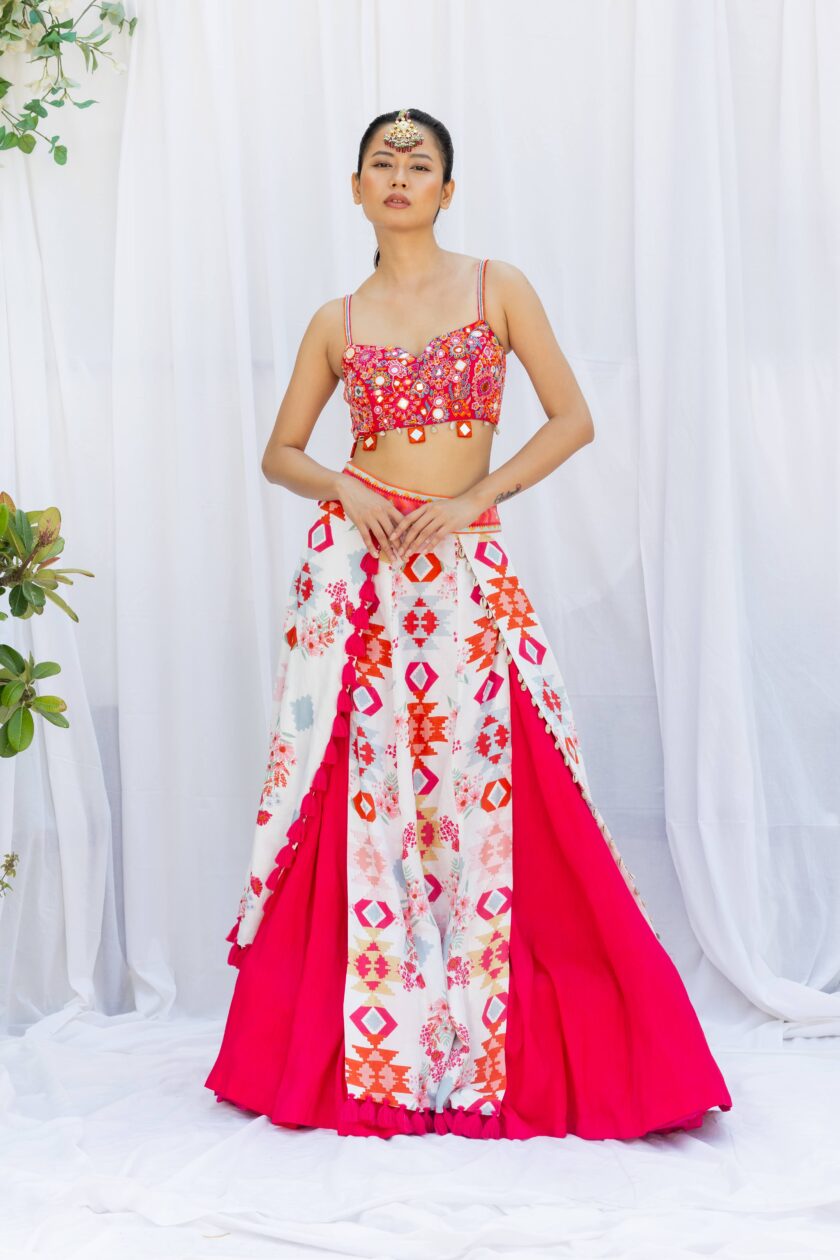 Fuchsia pink lehengas set with white kilim printed panels