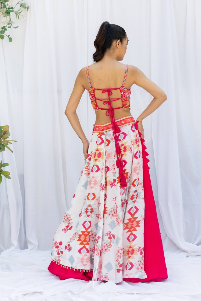 Fuchsia pink lehengas set with white kilim printed panels - Image 3