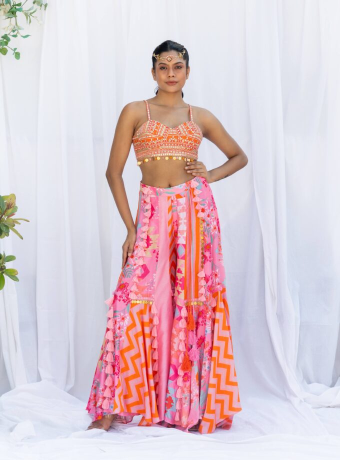 Pink patchwork palazzo with mirror work bustier