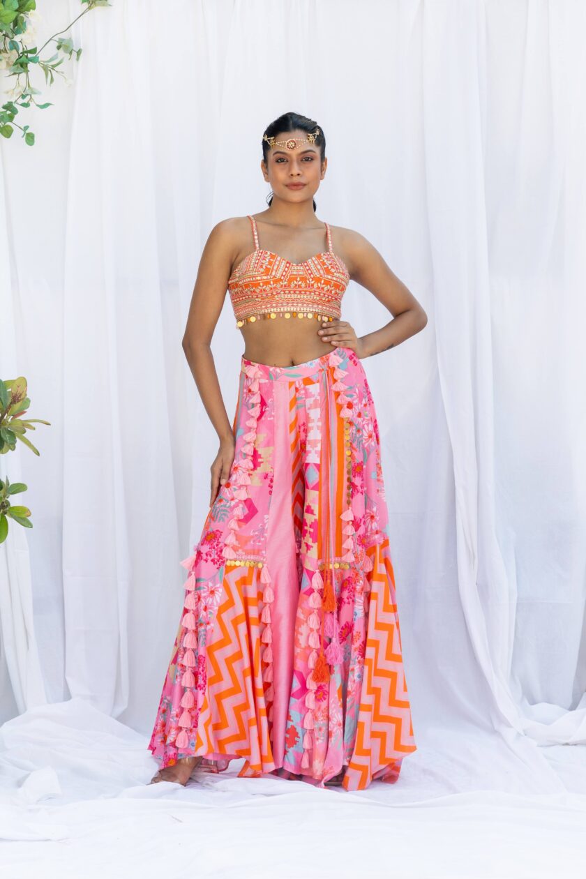 Pink patchwork palazzo with mirror work bustier