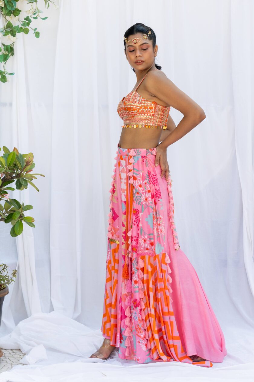 Pink patchwork palazzo with mirror work bustier - Image 3