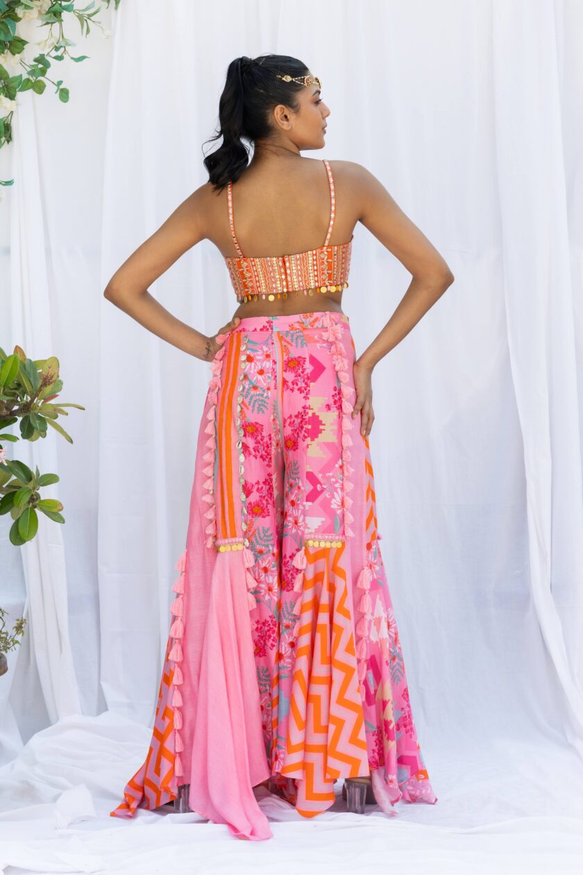 Pink patchwork palazzo with mirror work bustier - Image 4