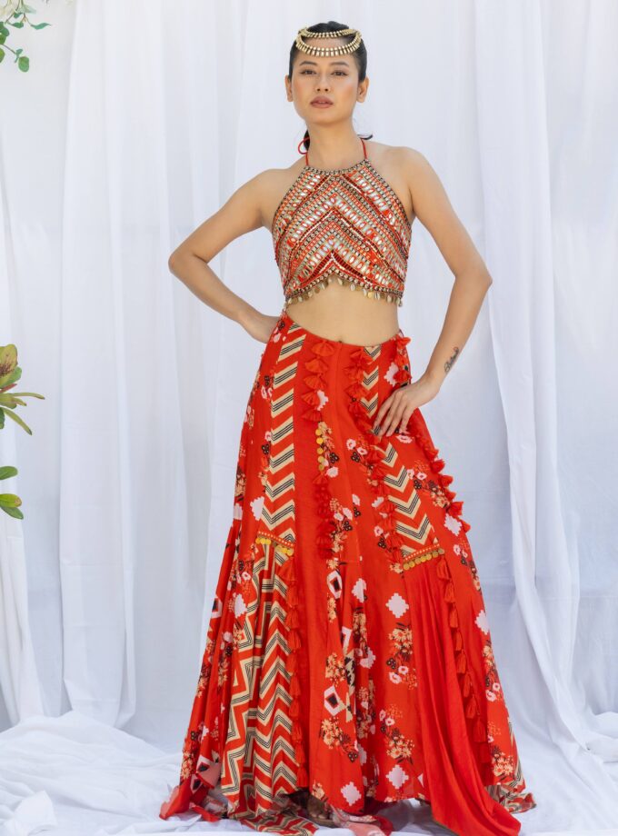 Sunburnt patchwork skirt with embroidered choli