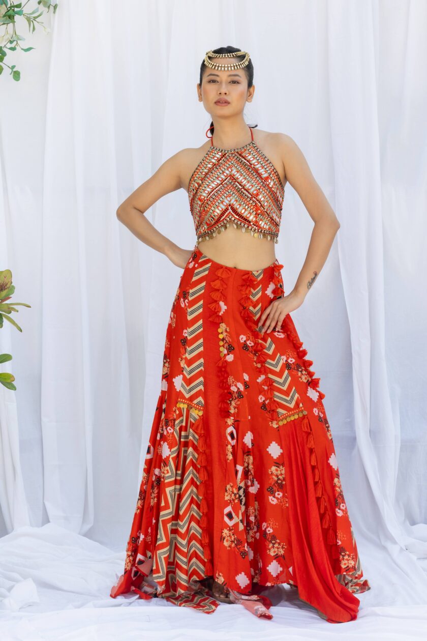 Sunburnt patchwork skirt with embroidered choli