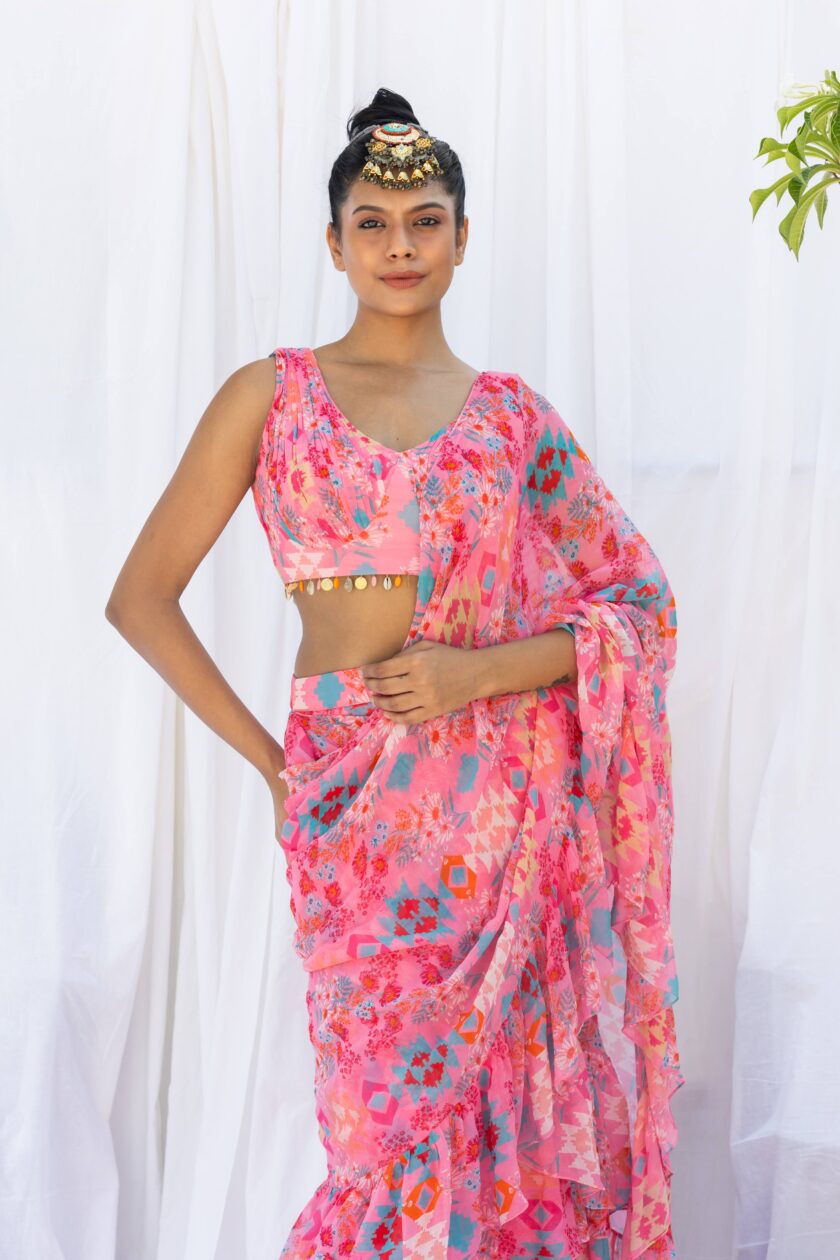 Pink kilim printed frill saree - Image 2