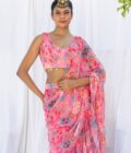 Pink kilim printed frill saree
