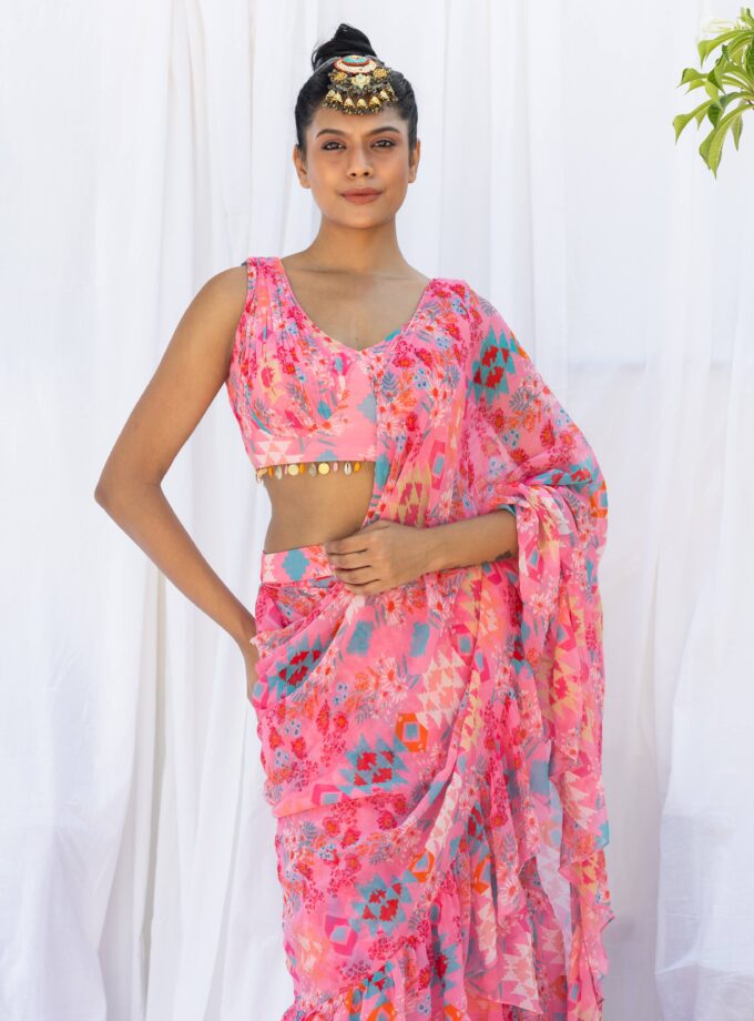 Pink kilim printed frill saree