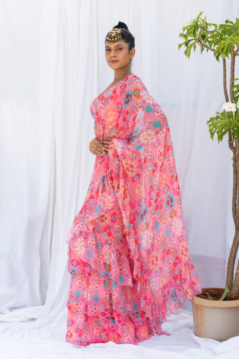 Pink kilim printed frill saree - Image 3