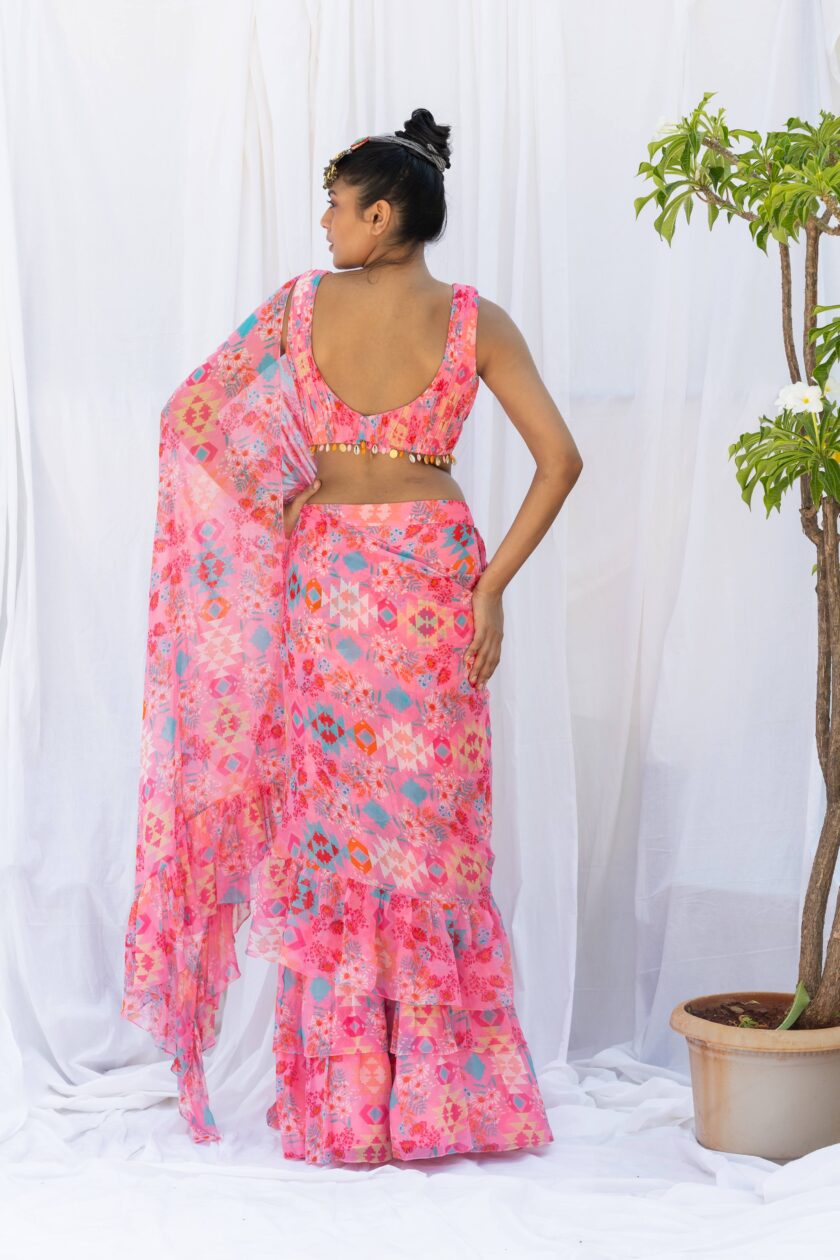 Pink kilim printed frill saree - Image 4