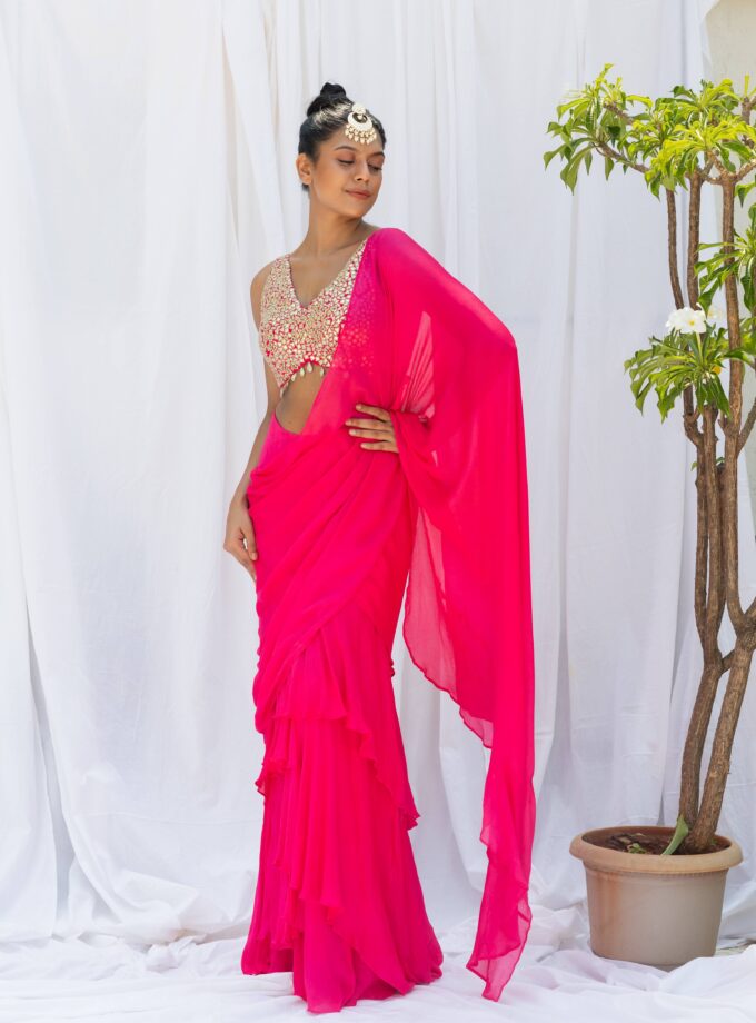Fuchsia Pink frill saree with embroidered choli