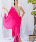 Fuchsia pink draped saree with embroidered choli