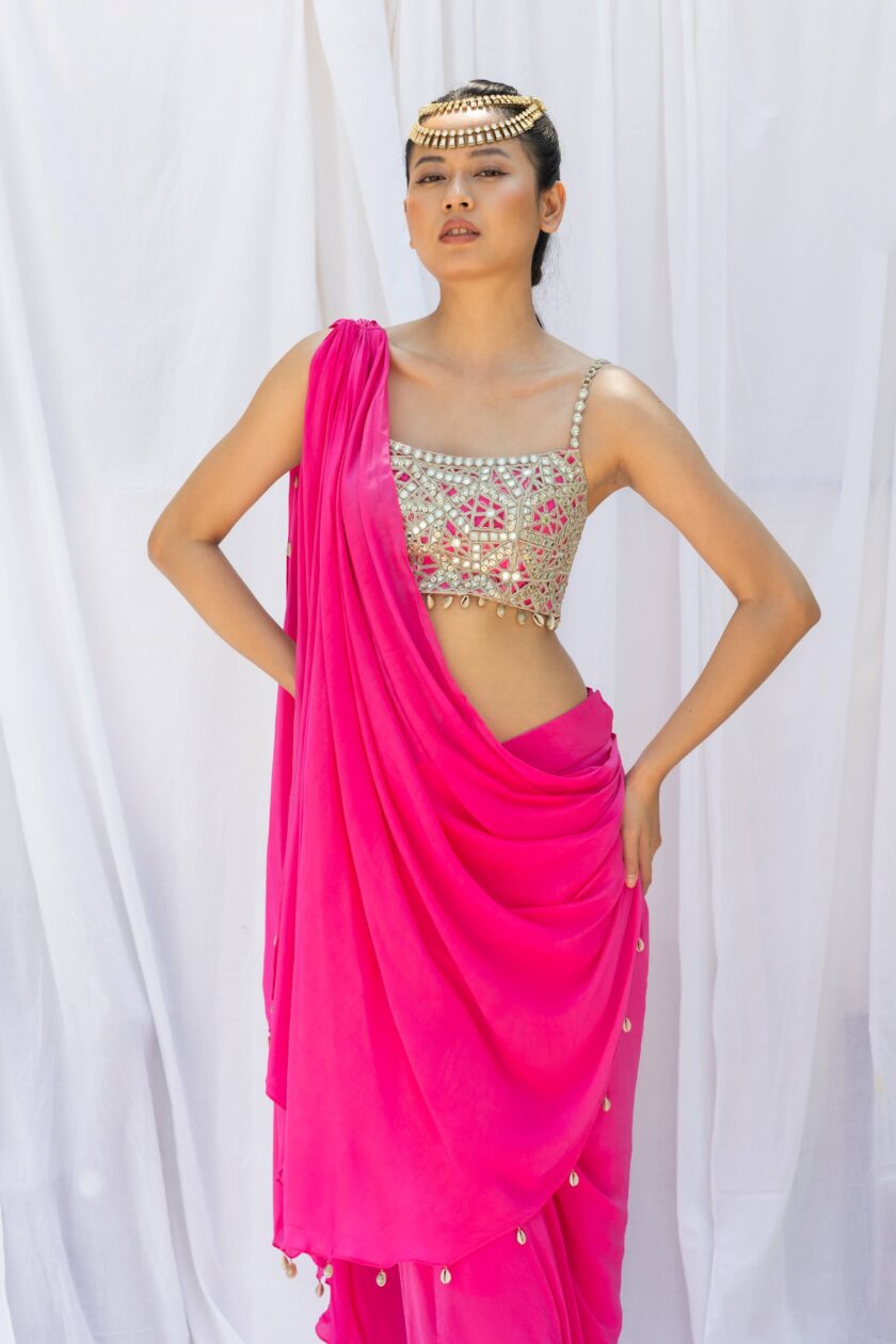 Fuchsia pink draped saree with embroidered choli - Image 4