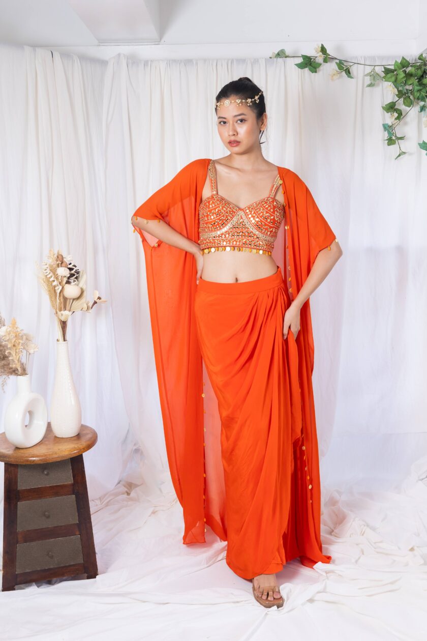 Orange draped saree with mirror work choli and cape - Image 3