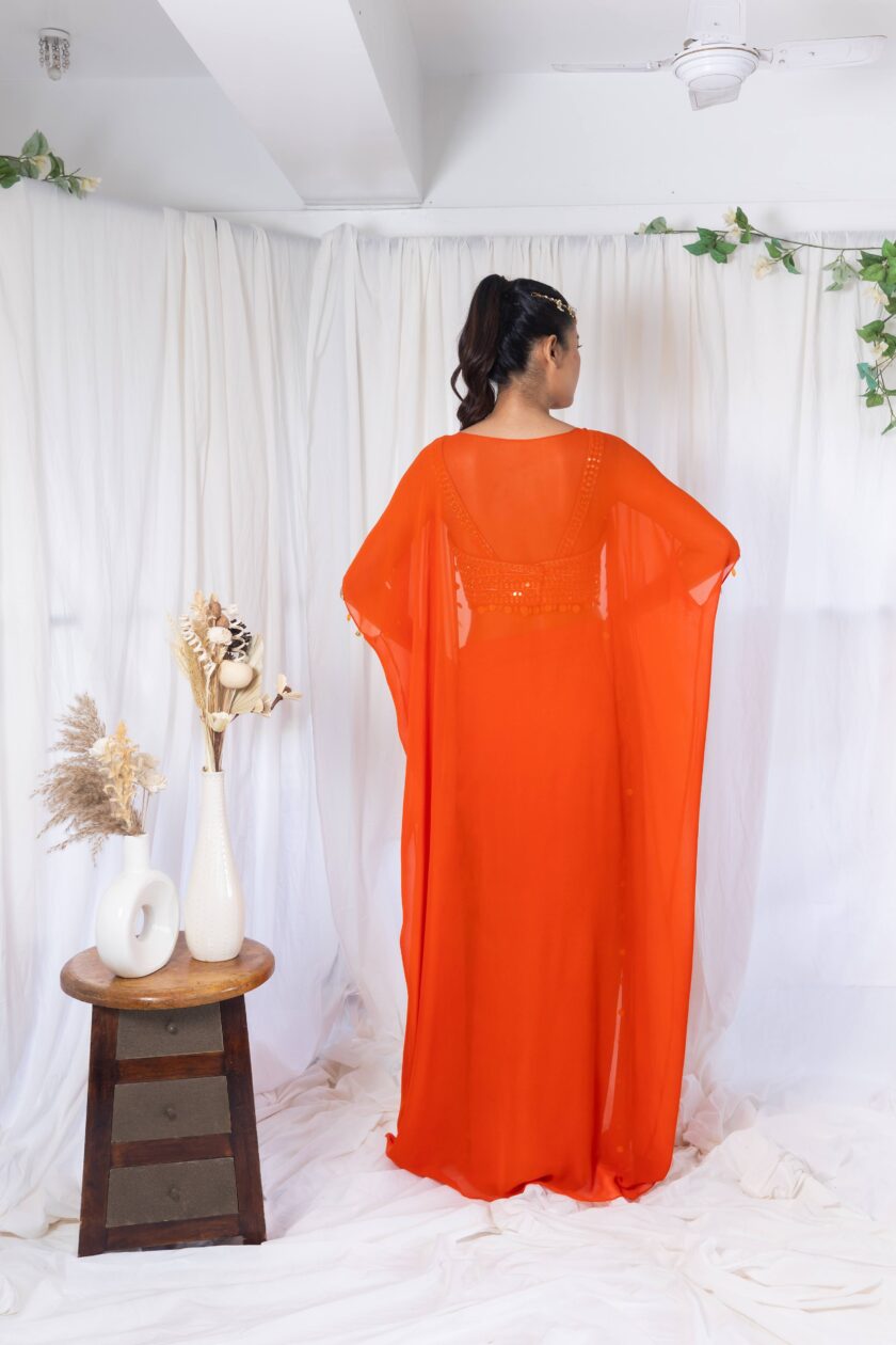 Orange draped saree with mirror work choli and cape - Image 5