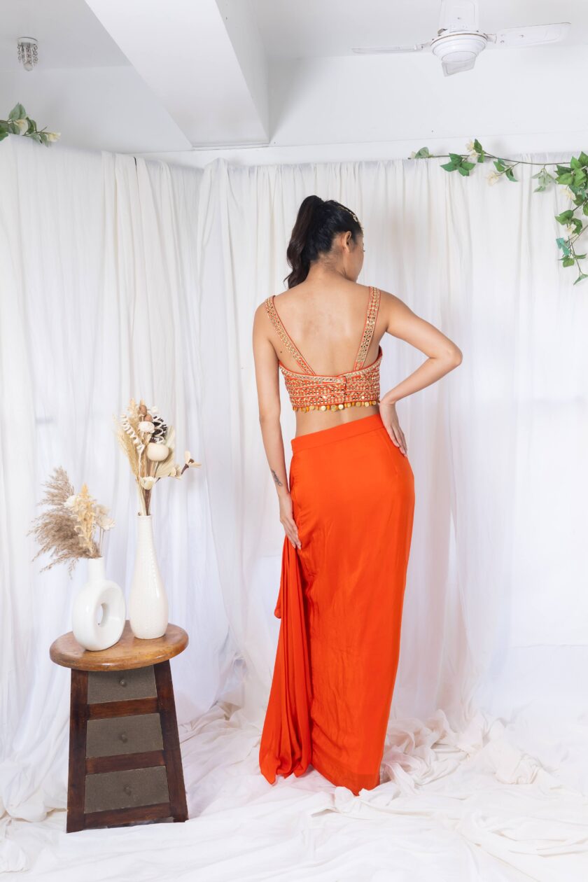 Orange draped saree with mirror work choli and cape - Image 4