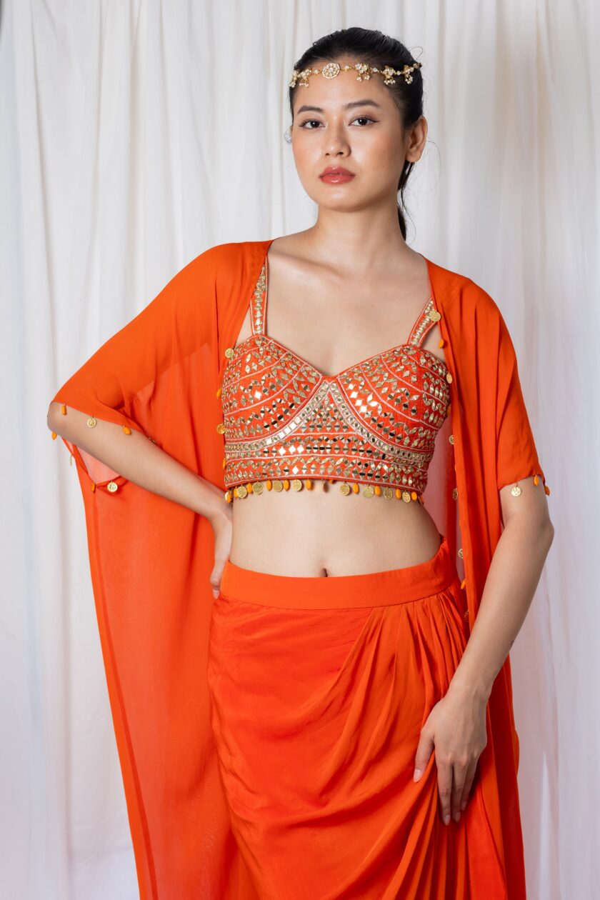 Orange draped saree with mirror work choli and cape - Image 6