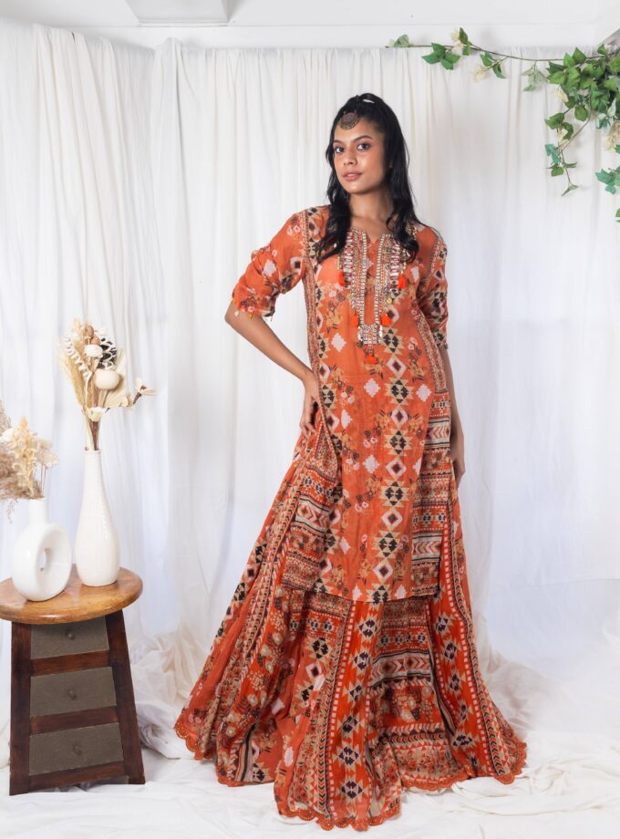 Coral kilim printed kurta with garara