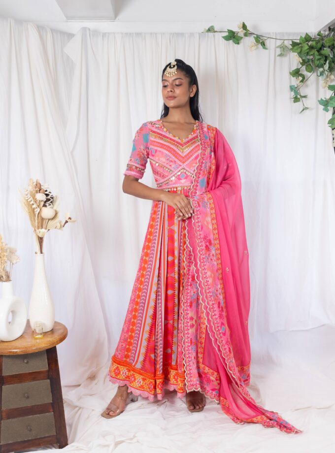 Pink printed Anarkali with dupatta
