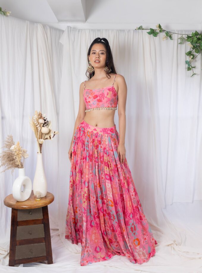 Pink printed lehengas with choli