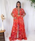 Coral patchwork palazzo with mirrorwork choli