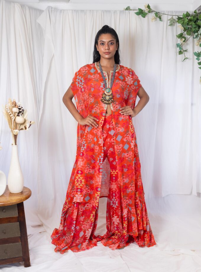 Coral patchwork palazzo with mirrorwork choli