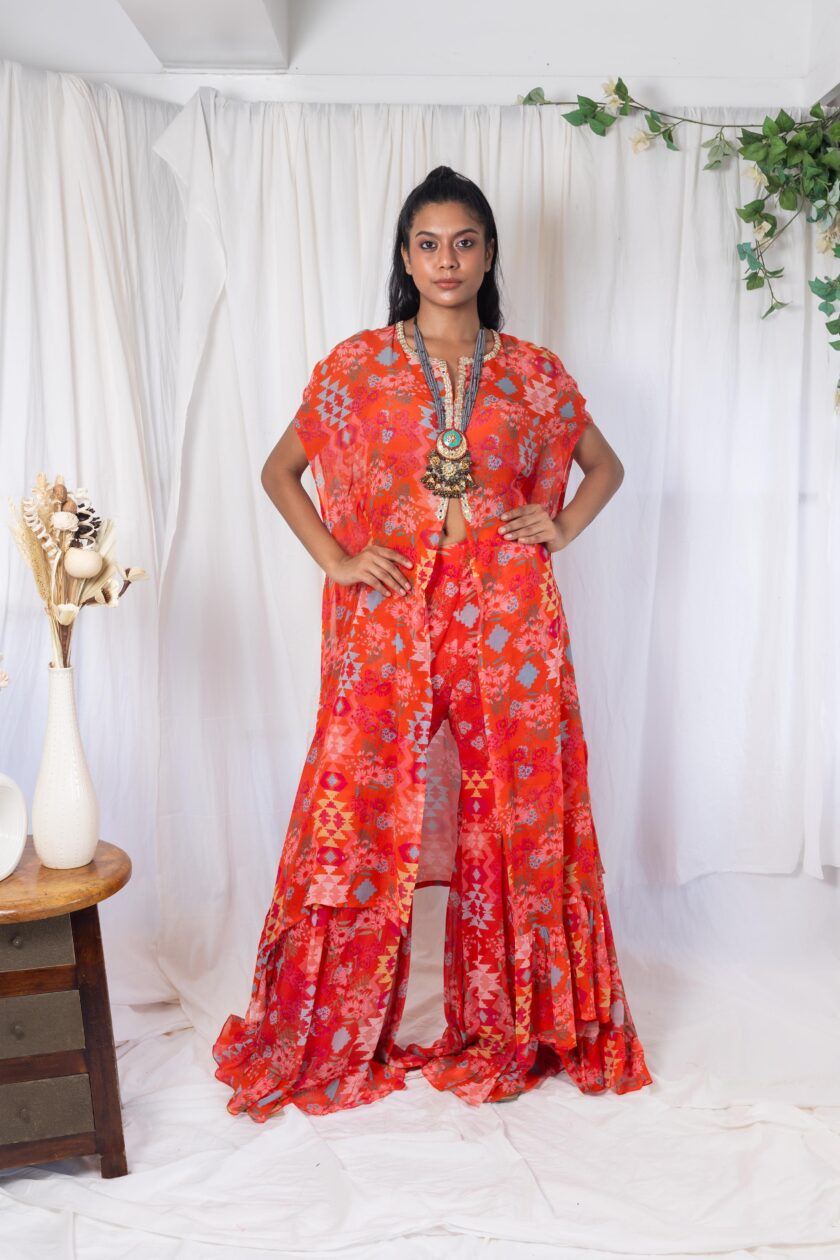 Coral patchwork palazzo with mirrorwork choli