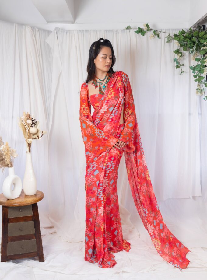 Coral kilim printed saree