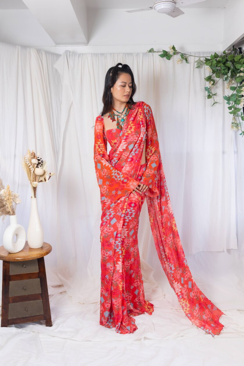 Coral kilim printed saree