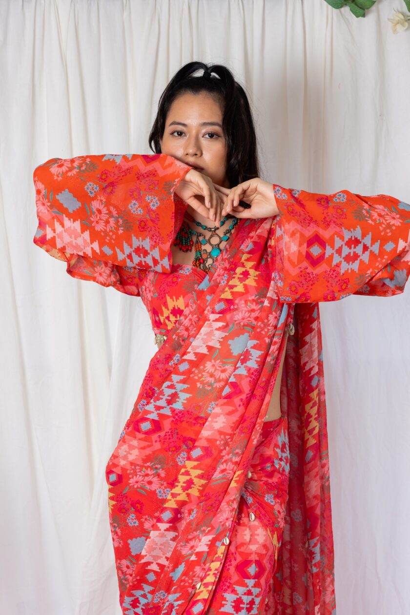 Coral kilim printed saree - Image 5