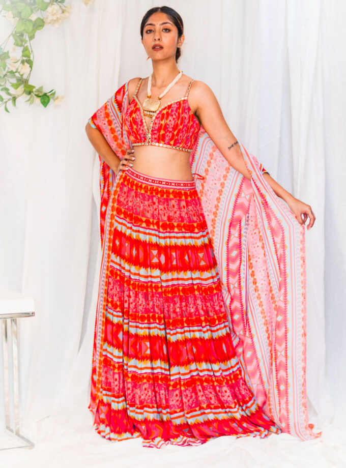 Orange Kilim printed tiered Lehenga