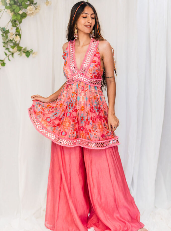 pink chanderi kilim print peplum set