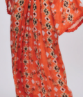 Orange printed kaftan with embroidered belt and embellished with shells