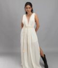 Gathered dress with an embellished belt