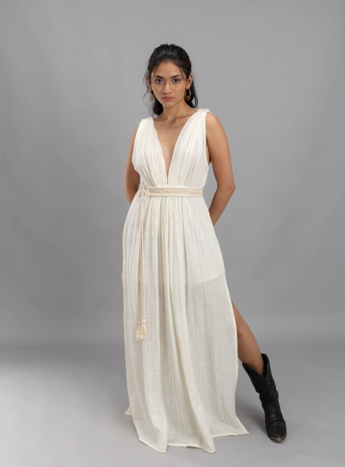 Gathered dress with an embellished belt