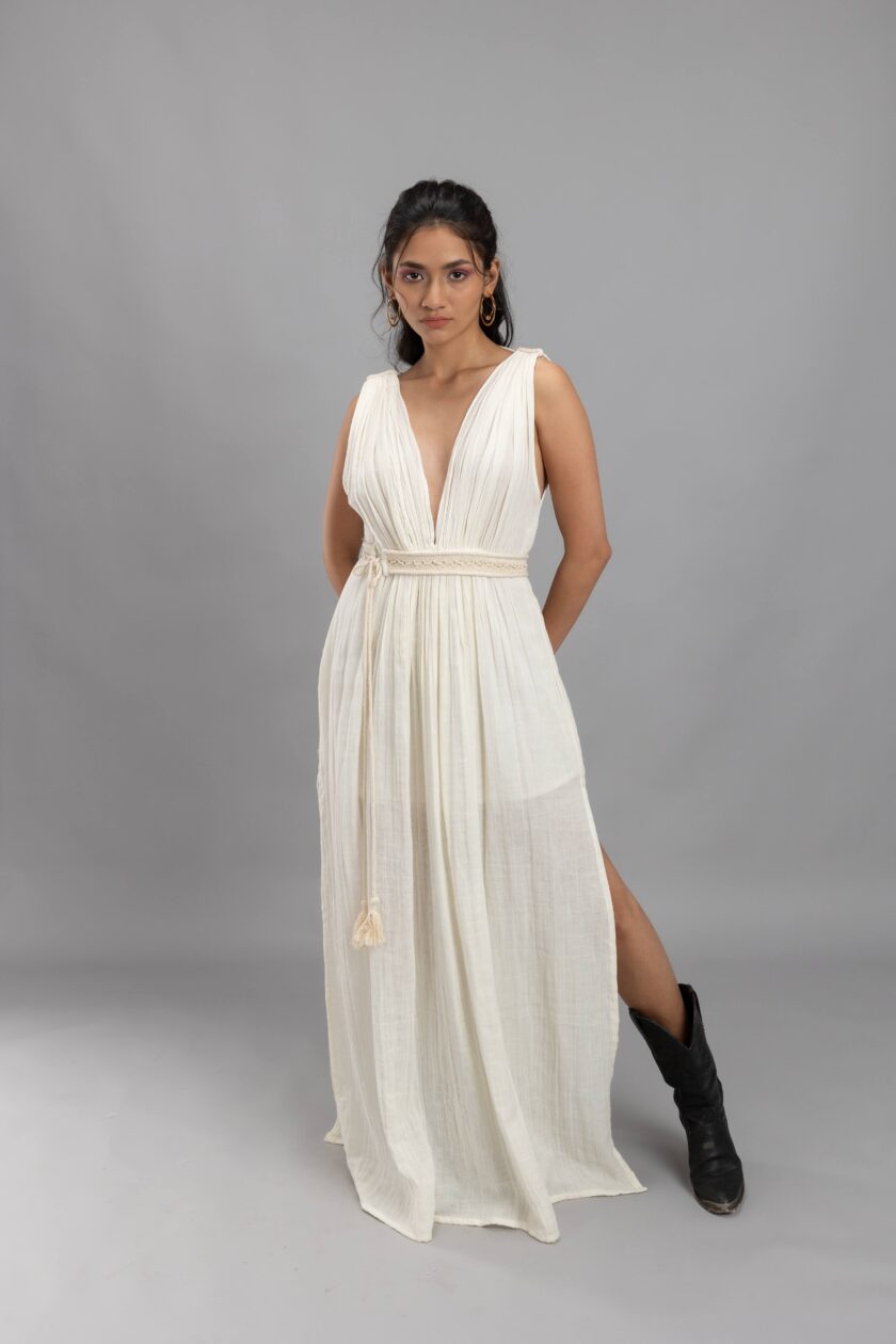 Gathered dress with an embellished belt