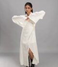 Overlapping long dress with Angel leaves