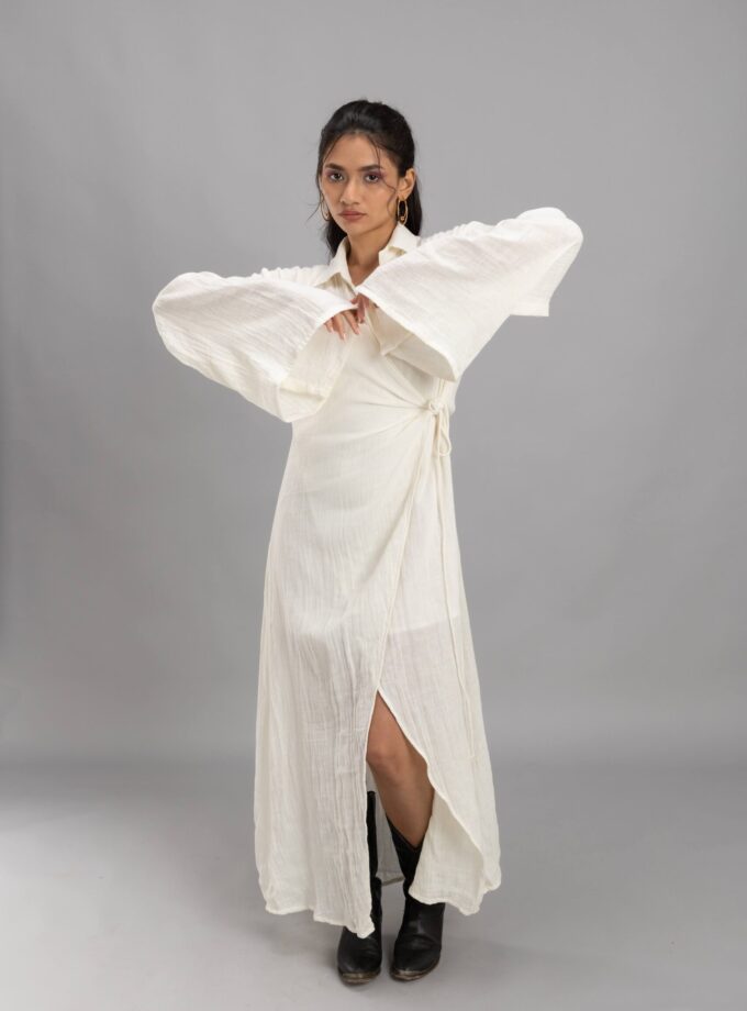 Overlapping long dress with Angel leaves