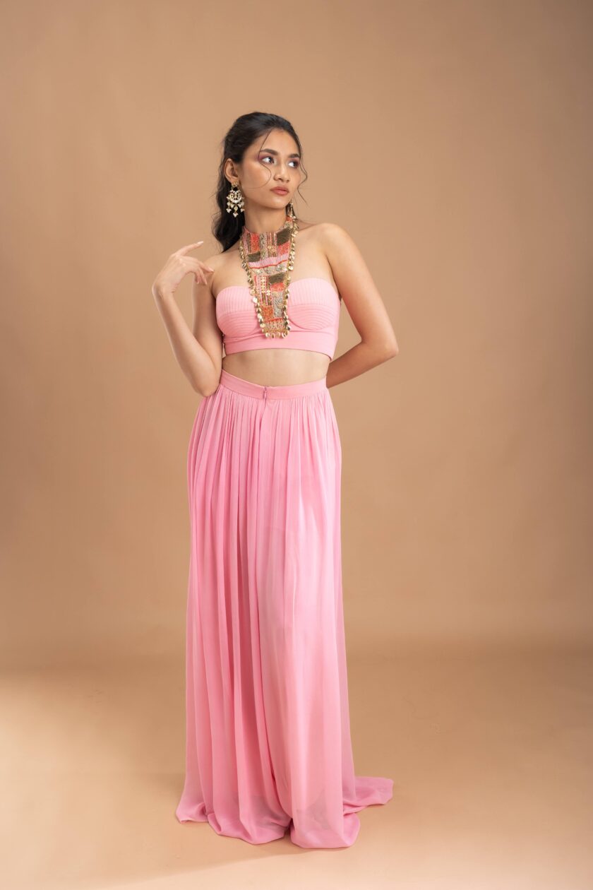 Pink Gathered georgette pants with korset choli embellished with intricate embroidery patch and a cape - Image 2