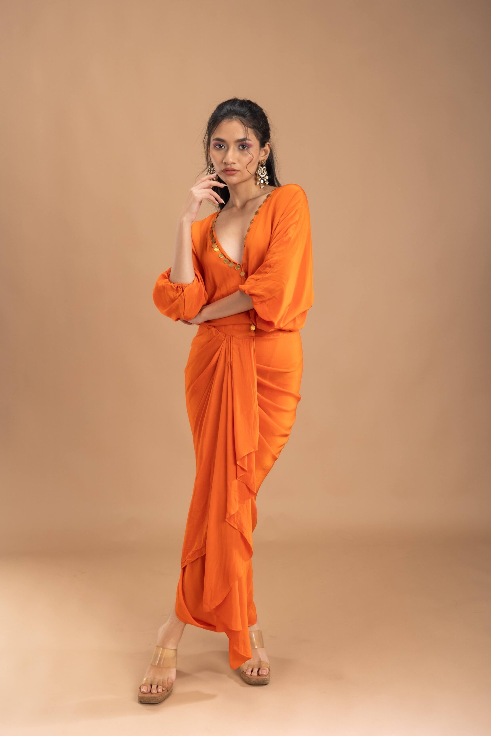 Sunburnt drape dress embellished with coin on the neck