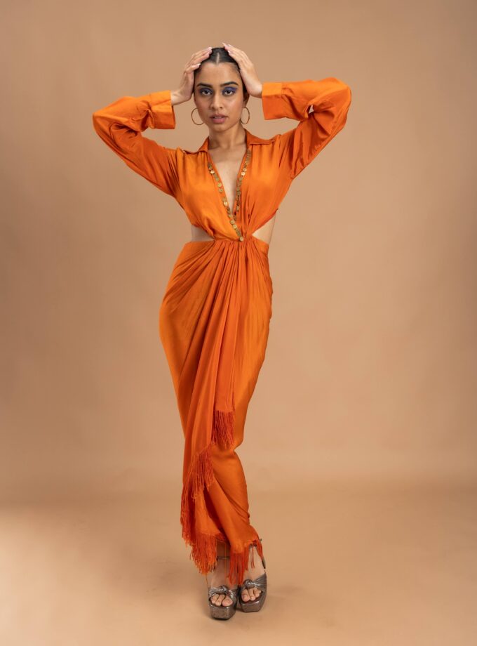 Sunburnt drape dress embellished with coin on the neck