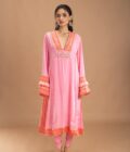 Pink kurta with printed borders embellished with shells