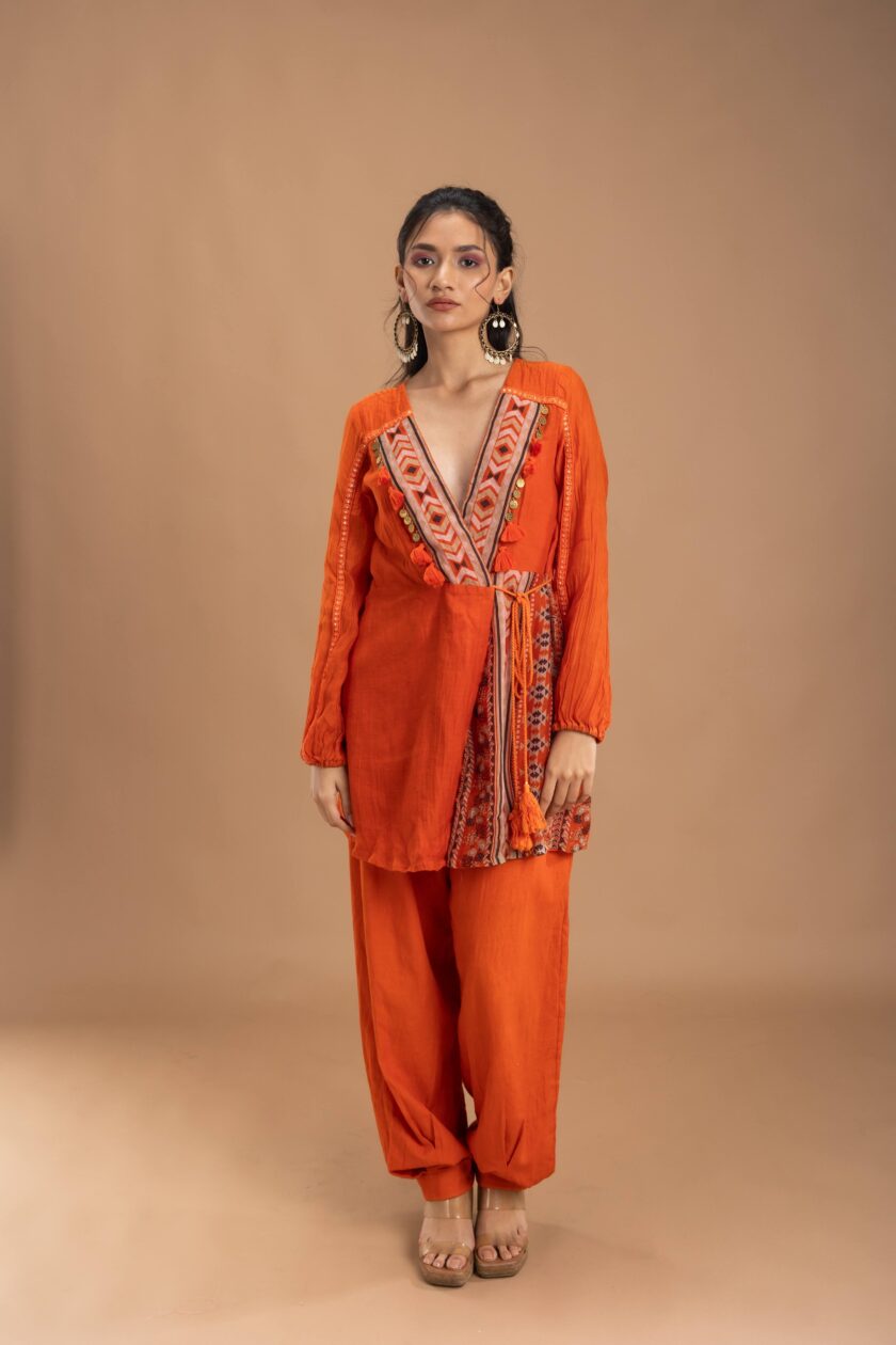Sunburnt silk overlapping kurta with pants